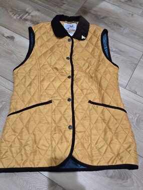 John Partridge Quilted Mustard Sleeveless Vest with Brown Trim